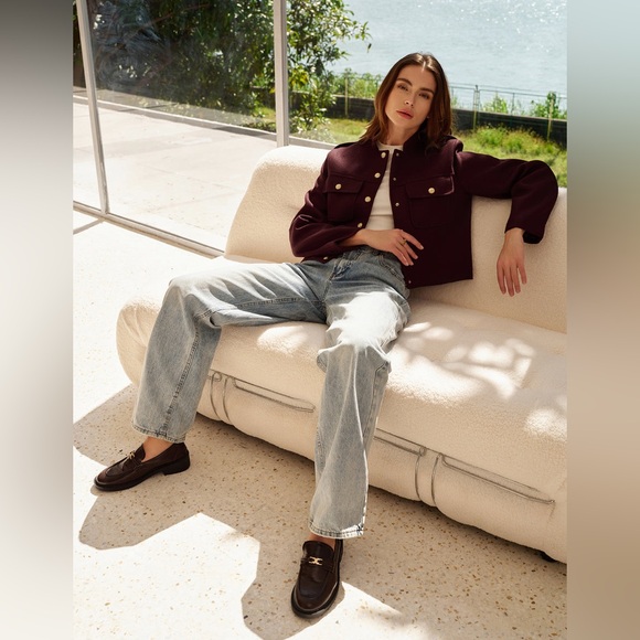 393. Stand Collar Button Down Jacket in Burgundy - Picture 3 of 7